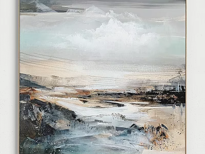 Abstract Landscape Artwork Featuring Mountain Cloud River And Textured Earthy Tones 3d model