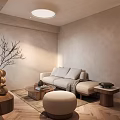 Minimalist Dining Living Room With Wooden Bench Round Coffee Table Decorative Branches And Window Blinds