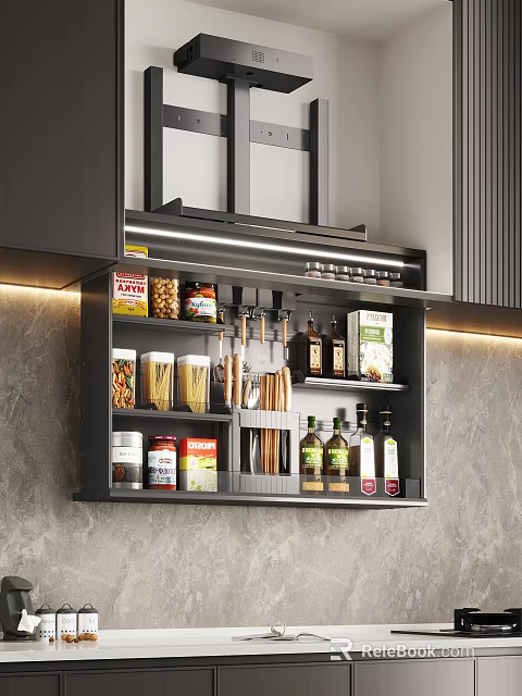 Modern Kitchen Wall Mounted Storage Rack With Condiment Bottles And Cooking Supplies 3d model 