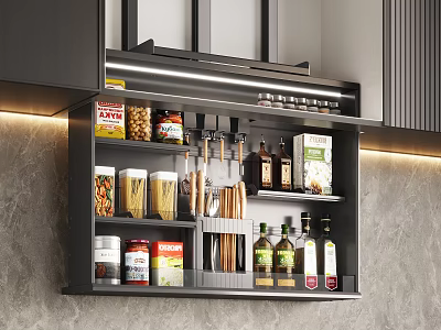 Modern Kitchen Wall Mounted Storage Rack With Condiment Bottles And Cooking Supplies 3d model