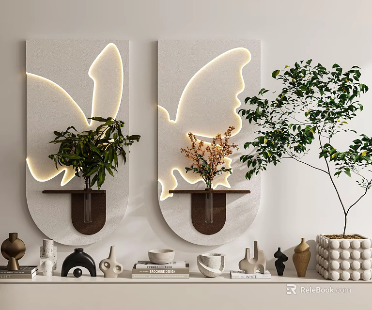 Stylish Interior Decor With Butterfly Shaped Lighting Panels And Green Plants 3d model 