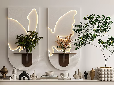 Stylish Interior Decor With Butterfly Shaped Lighting Panels And Green Plants 3d model