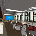 Public Office Space With Open Layout Circular Pendant Lights Large Screen And Natural Light 3d model