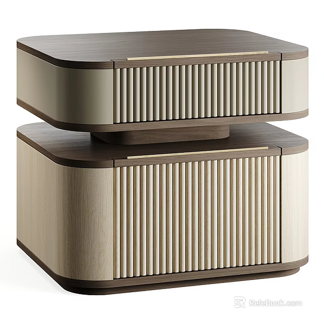 Modern Wooden Bedside Table With Stacked Design Vertical Slatted Panels And Color Contrast 3d model 