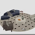 Stylish Sofa and Coffee Table Set with Round Black White Rug Accent Chairs Floor Lamp