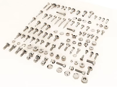 Assorted Metal Fasteners Including Bolts Nuts Screws and Washers on White Background 3d model