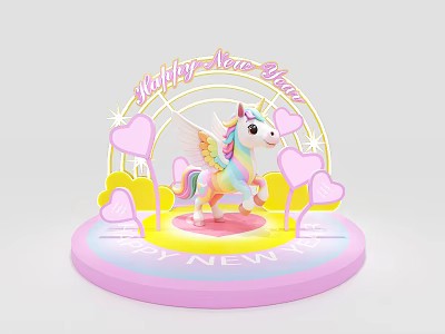 Colorful Unicorn Themed Photo Spot With Rainbow Hearts And Happy New Year Decorations 3d model