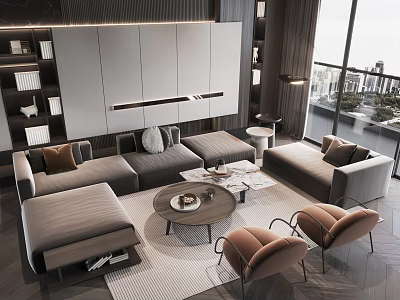 Modern Sofa Coffee Table Set With L-shaped Gray Seating Round Table And Brown Accent Chairs 3d model