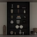 Handcrafted Ceramic Vases Bowls and Urns on Black Wooden Shelf with Small Stools