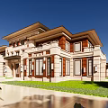 Classical Luxury Detached Villa Exterior Design With Front Fountain Lawn Driveway Trees and Black Car