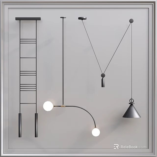 Modern Pendant Lights In Various Designs With Metal Frames And Spherical Bulbs 3d model 
