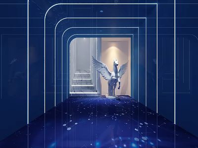 Modern Tech Style KTV Hallway With Blue Lighting Winged Statue And Glowing Spot Floor 3d model