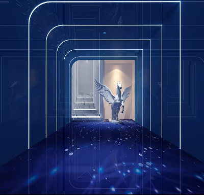 Modern Tech Style KTV Hallway With Blue Lighting Winged Statue And Glowing Spot Floor 3d model
