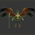 Fantasy Character Creature Design With Orange Purple Feathered Wings And Spear