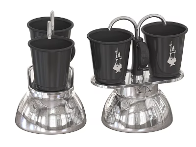 Two Modern Kitchen Appliance Sets With Black Cups And Silver Stands 3d model