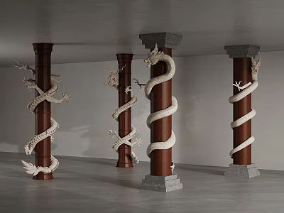 Carved Dragon Columns With Brown And White Design And Gray Bases 3d model