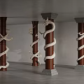 Carved Dragon Columns With Brown And White Design And Gray Bases