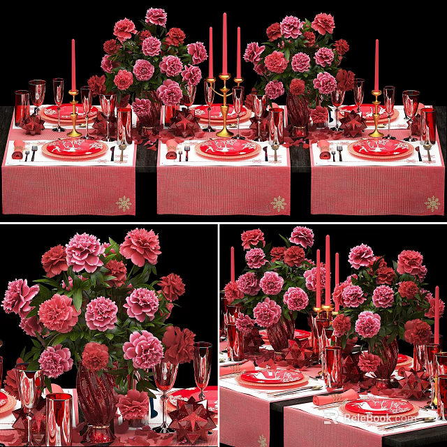 Decorative Ornament Set With Red Flowers Candles And Tableware For Dining Table 3d model