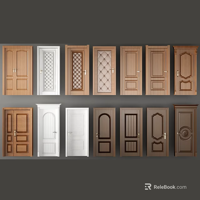Various Hinged Doors With Wooden Glass Panel And Decorative Design Styles 3d model 