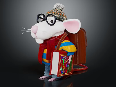 Cartoon Mouse Pom Pom Knitted Hat Glasses Holding Colorful Book Striped Sweater Red Scarf Brown Backpack Jeans 3d model
