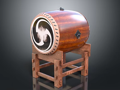 Traditional Wooden Drum with Carved Body and Yin Yang Pattern Drumhead on Sturdy Stand 3d model