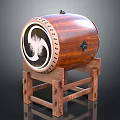 Traditional Wooden Drum with Carved Body and Yin Yang Pattern Drumhead on Sturdy Stand