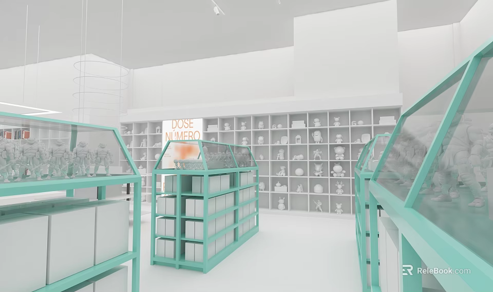 Mineral Specialty Store With Green Display Cases White Interior And Shelves Of Items 3d model 