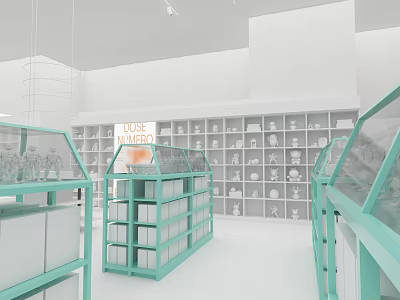 Mineral Specialty Store With Green Display Cases White Interior And Shelves Of Items 3d model