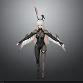 Child in Black Bodysuit with White Wings Pink Rabbit Ears and Black Bird on Shoulder