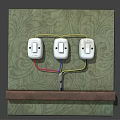 Three White Switch Panels Installed with Red Blue Yellow Wires on Green Patterned Wall 3d model