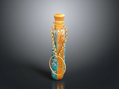 Elegant Gold Blue Decorative Bottle Accessory With Chain Ring Design For Fashion Attire 3d model