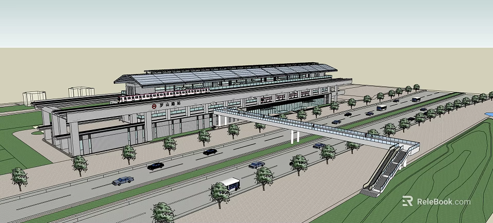 Modern High Speed Railway Station Architecture With Glass Curtain Wall Parking Lot Roads And Trees 3d model 