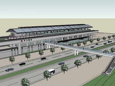 Modern High Speed Railway Station Architecture With Glass Curtain Wall Parking Lot Roads And Trees 3d model
