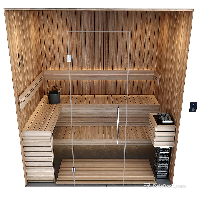 Modern Wooden Shower Sauna Interior Design With Glass Door And Benches 3d model 
