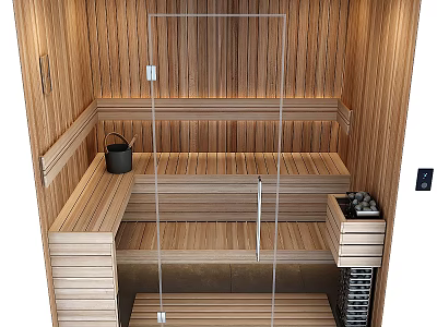 Modern Wooden Shower Sauna Interior Design With Glass Door And Benches 3d model