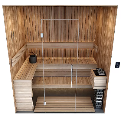 Modern Wooden Shower Sauna Interior Design With Glass Door And Benches 3d model
