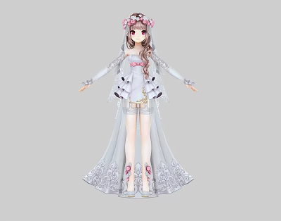 Woman with long hair wearing flower crown in white lace dress long sleeves high heels 3d model