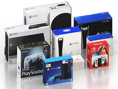Various Game Console Packaging Including Xbox PlayStation And Switch Controllers 3d model