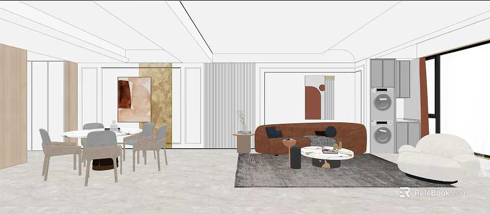 Modern Living Dining Room Design With Sofa Coffee Table Dining Table Artwork And Rug 3d model