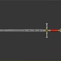 Medieval Sword With Metallic Blade Red Handle And Golden Cross Guard On Black Background