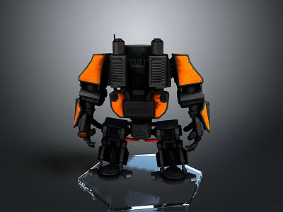 Game Movie Character Robot With Black Orange Mechanical Armor Standing On Transparent Display Base 3d model
