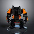 Game Movie Character Robot With Black Orange Mechanical Armor Standing On Transparent Display Base