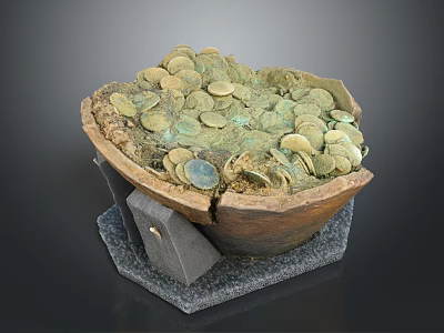 Ancient Coins Collection in Broken Pottery Bowl on Gray Base Display Stand 3d model