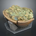 Ancient Coins Collection in Broken Pottery Bowl on Gray Base Display Stand