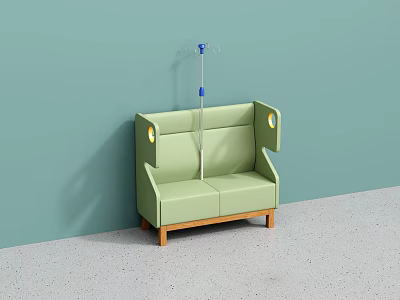 Green Banquette Sofa With Wooden Legs Against Blue Wall And Round Accents 3d model