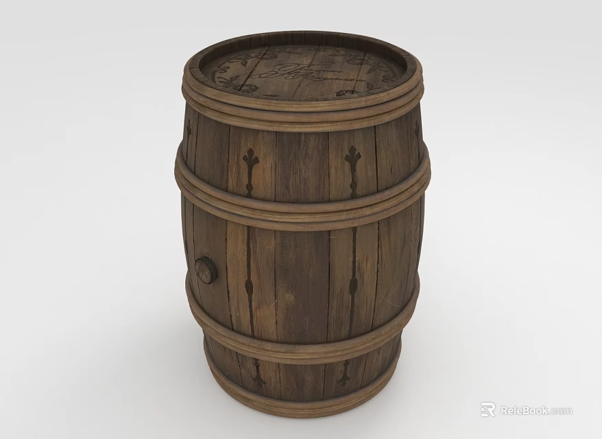 Vintage Wooden Barrel With Carved Patterns And Classic Wooden Hoops Design 3d model 