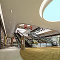 Shopping Mall Lobby Interior Design With Escalator Wooden Slat Ceiling Storefront Windows And Modern Lighting