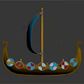 Sailing Boat Model With Blue And White Striped Sail Yellow Hull Colorful Ornaments And Oars