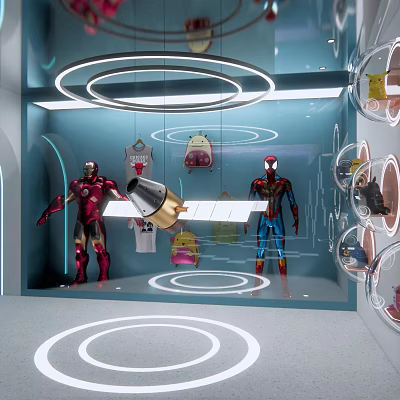 Exhibition Hall With Iron Man Spider Man Figures Backpacks Transparent Display Cases And Circular Lights 3d model