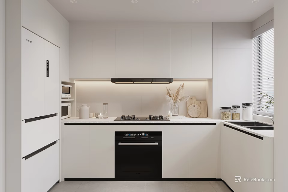 Modern White Kitchen Interior With White Cabinets Black Appliances And Countertop 3d model 